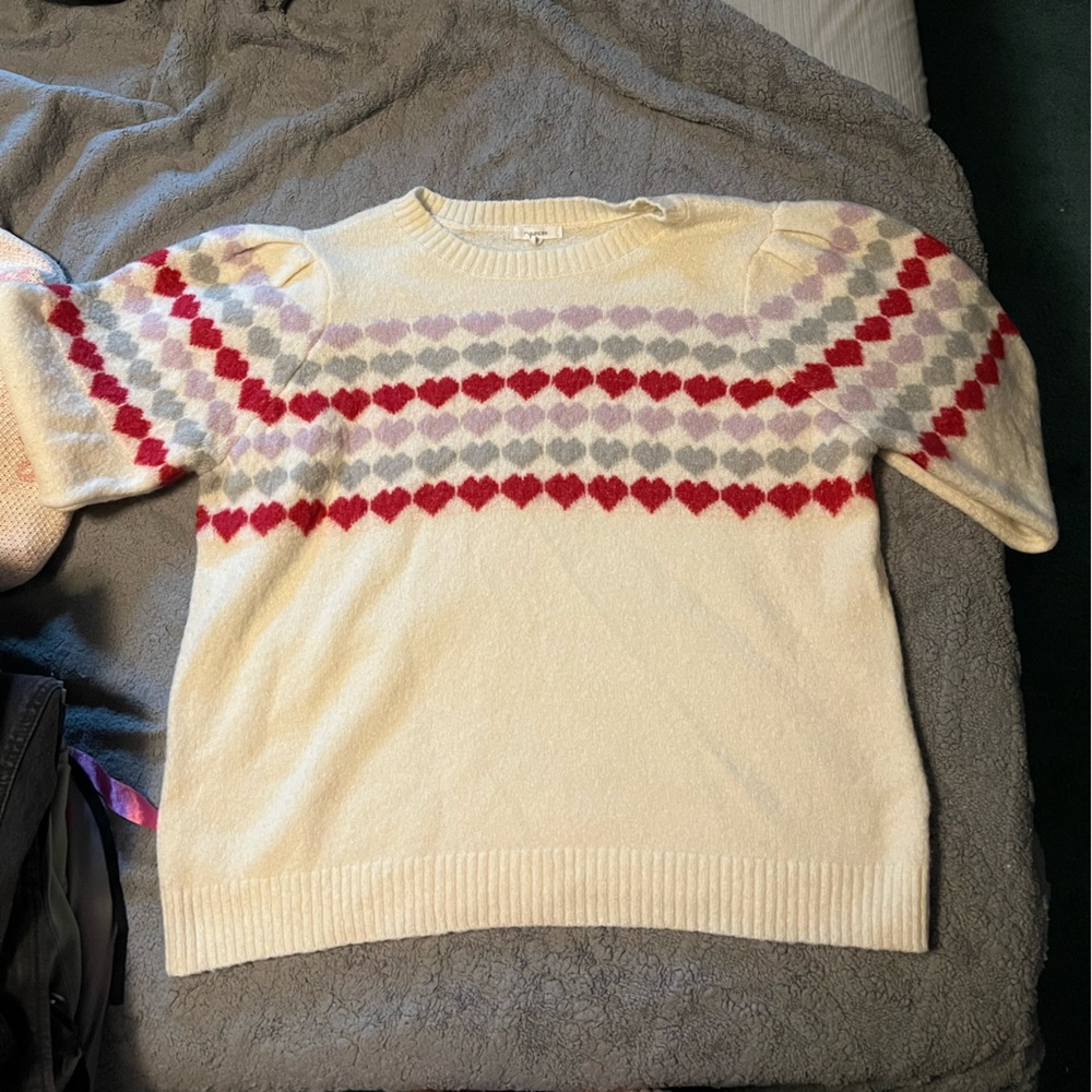 L Women's Cream Sweater with Red, Gray and Purple Hearts